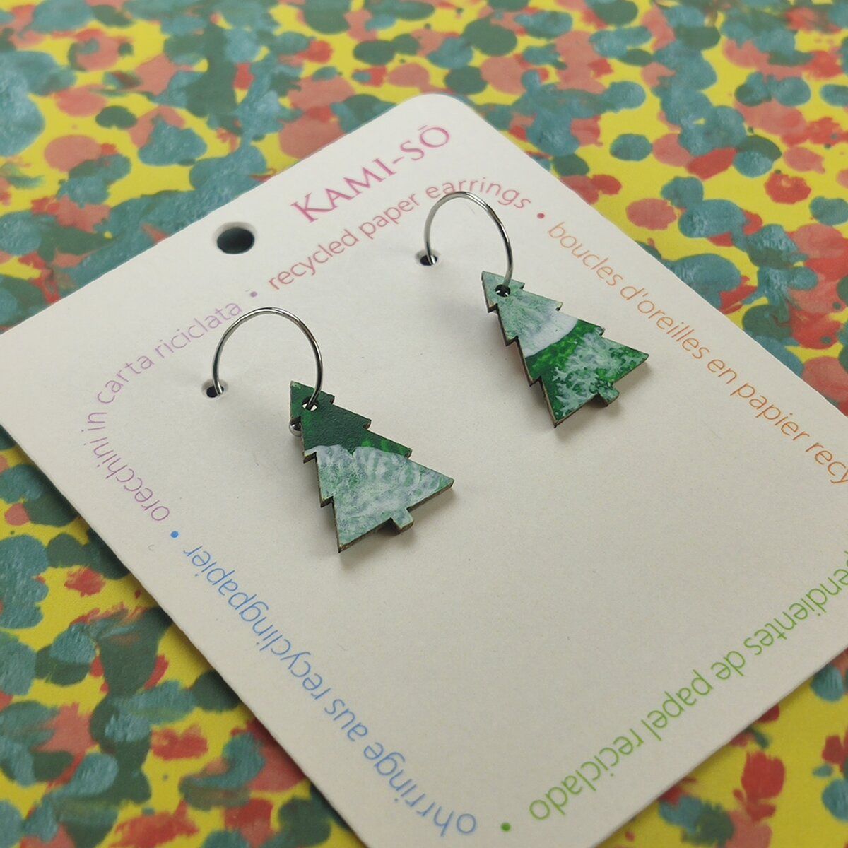 Reversible Christmas Tree Recycled Paper Earrings - Green / Yellow, Blue & Red