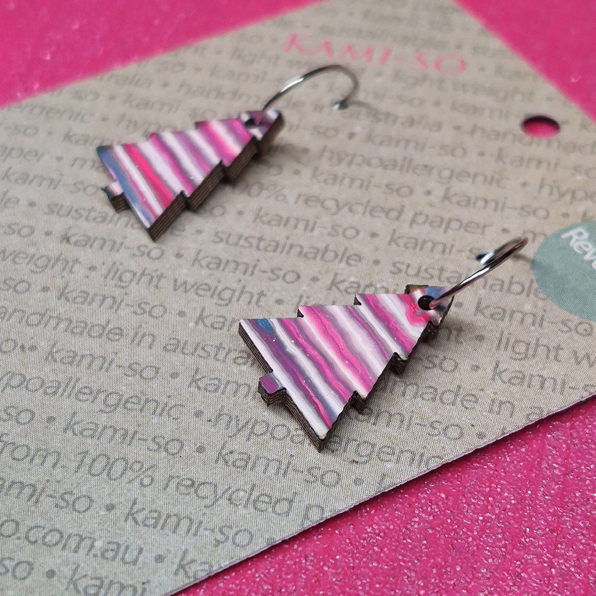 Reversible Christmas Tree Recycled Paper Earrings - Pink & White Stripes / Silver Sparkle