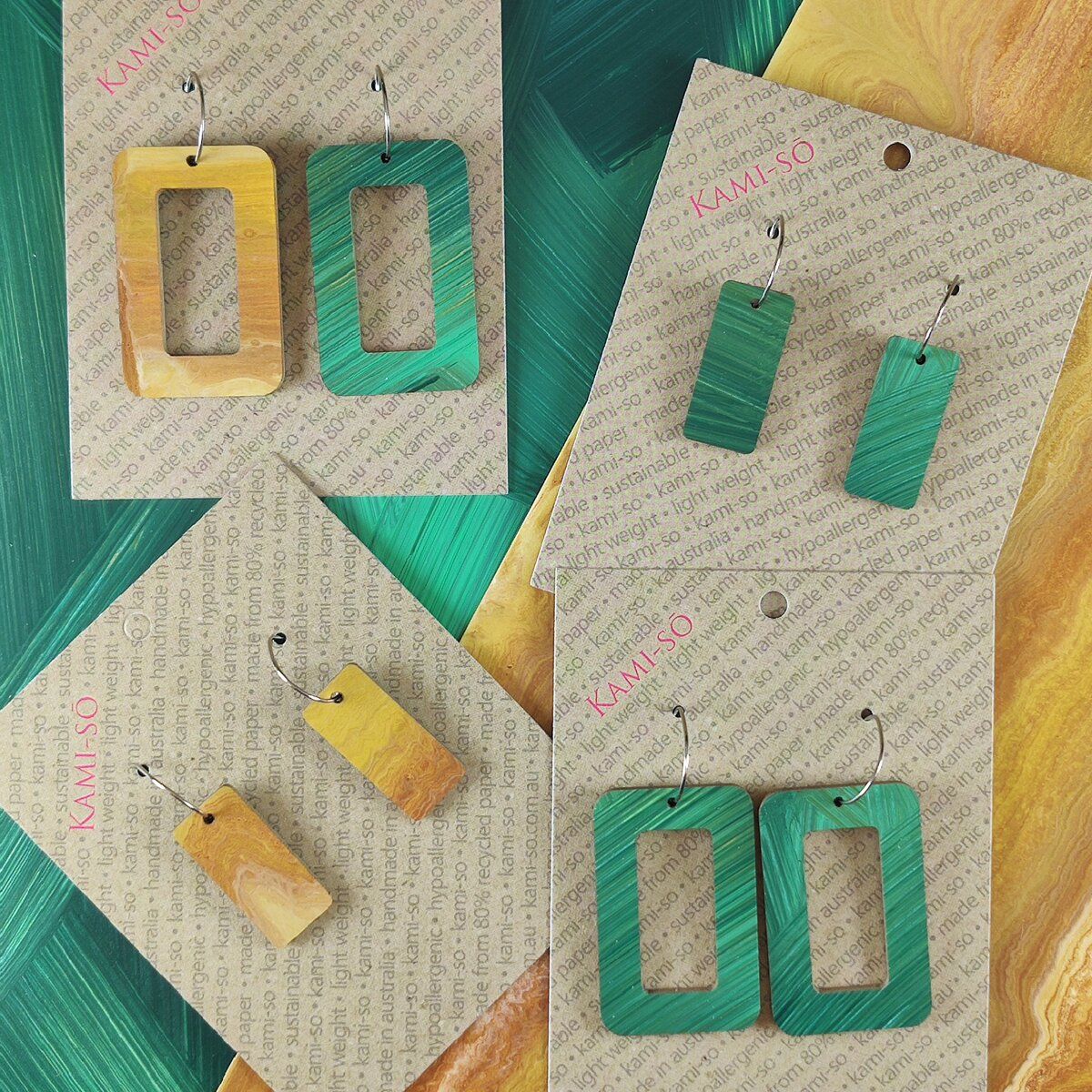 Reversible Rectangle Recycled Paper Earrings - Green Swipe / Gold