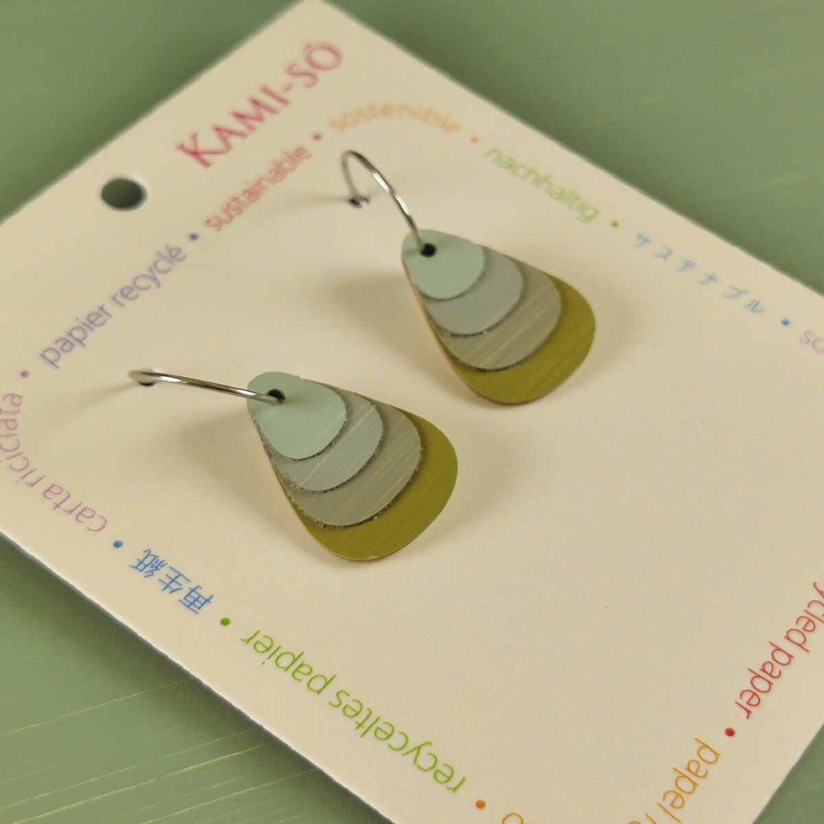 Teardrop Layered Recycled Paper Earrings - Olive & Sage