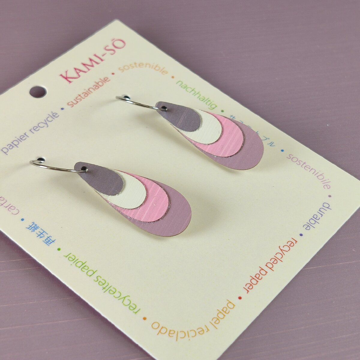 Teardrop Layered Recycled Paper Earrings - Pink & Cream