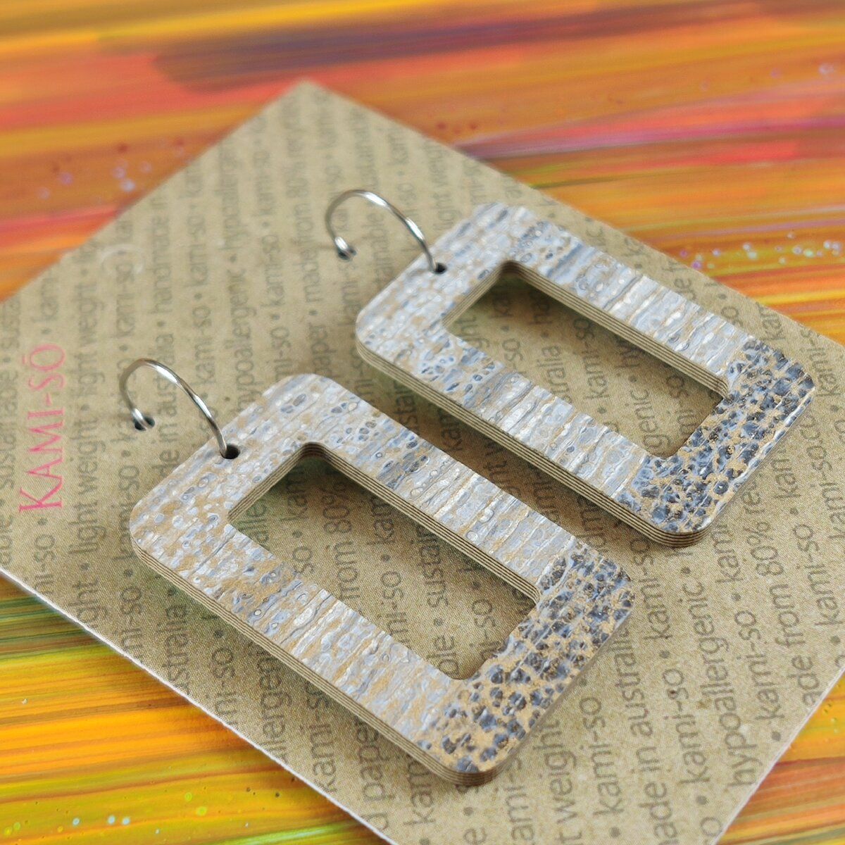 Reversible Rectangle Recycled Paper Earrings - Multicolour Stripe / Grey & Gold