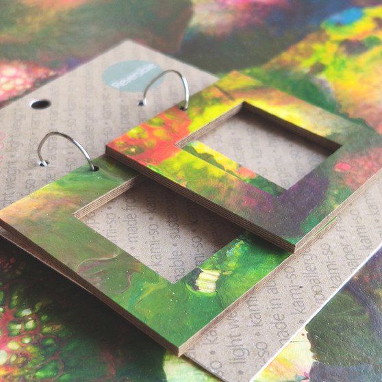 Reversible Square Recycled Paper Earrings - Citrus / Dark Green Multicolour