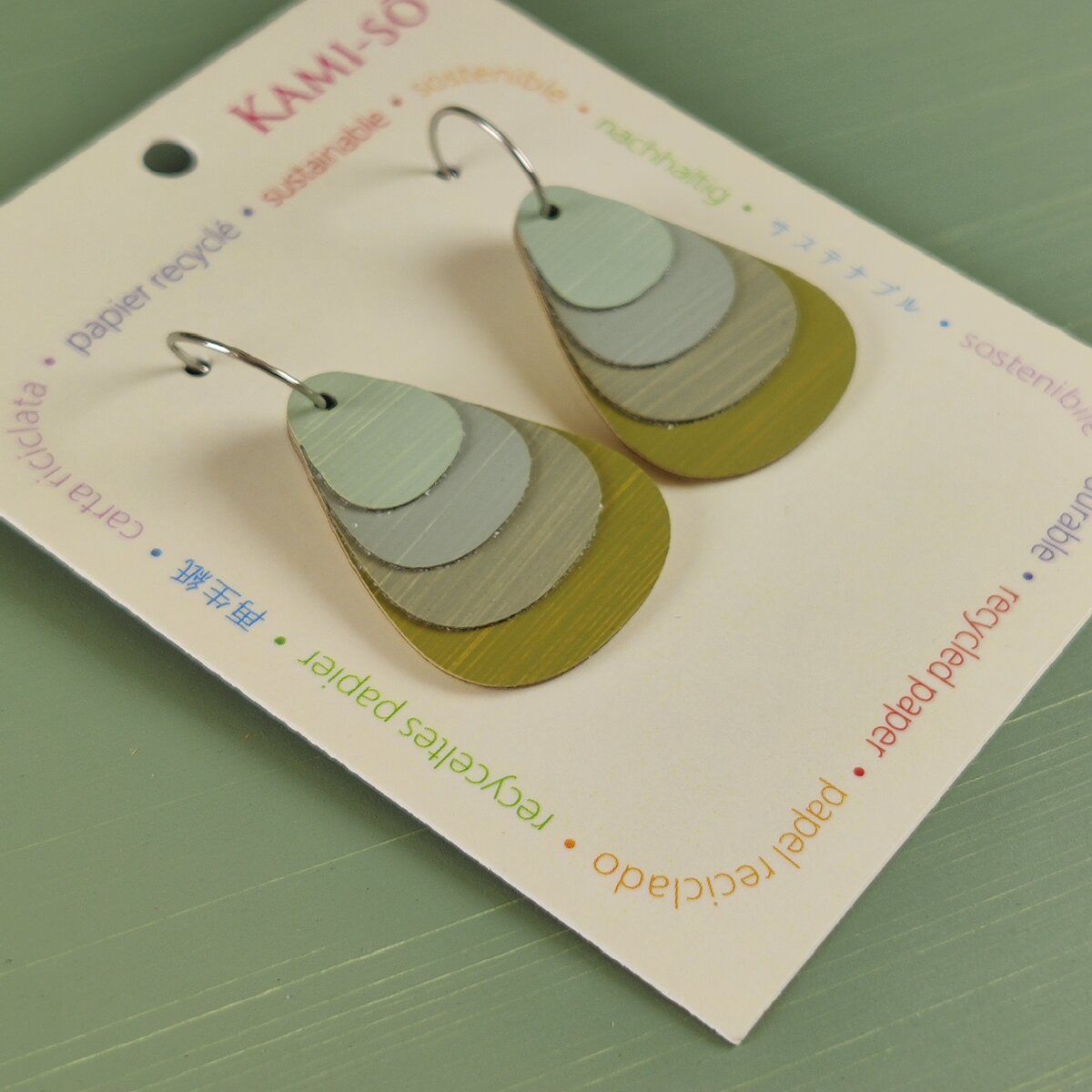 Teardrop Layered Recycled Paper Earrings - Olive & Sage