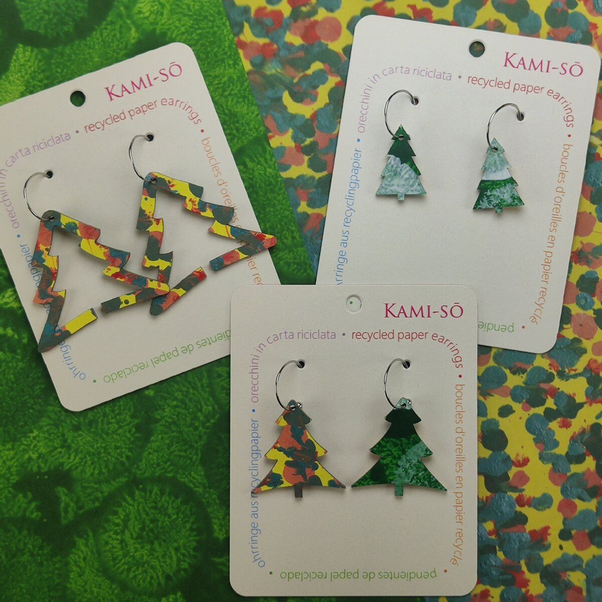 Reversible Christmas Tree Recycled Paper Earrings - Green / Yellow, Blue & Red