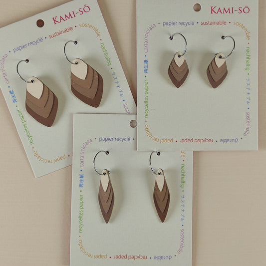 Diamond Layered Recycled Paper Earrings - Beige & Brown