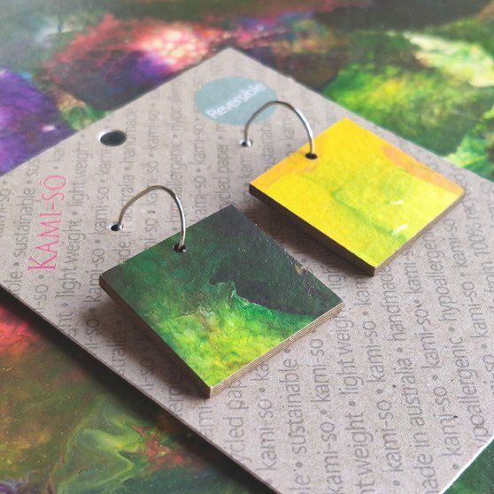 Reversible Square Recycled Paper Earrings - Citrus / Dark Green Multicolour