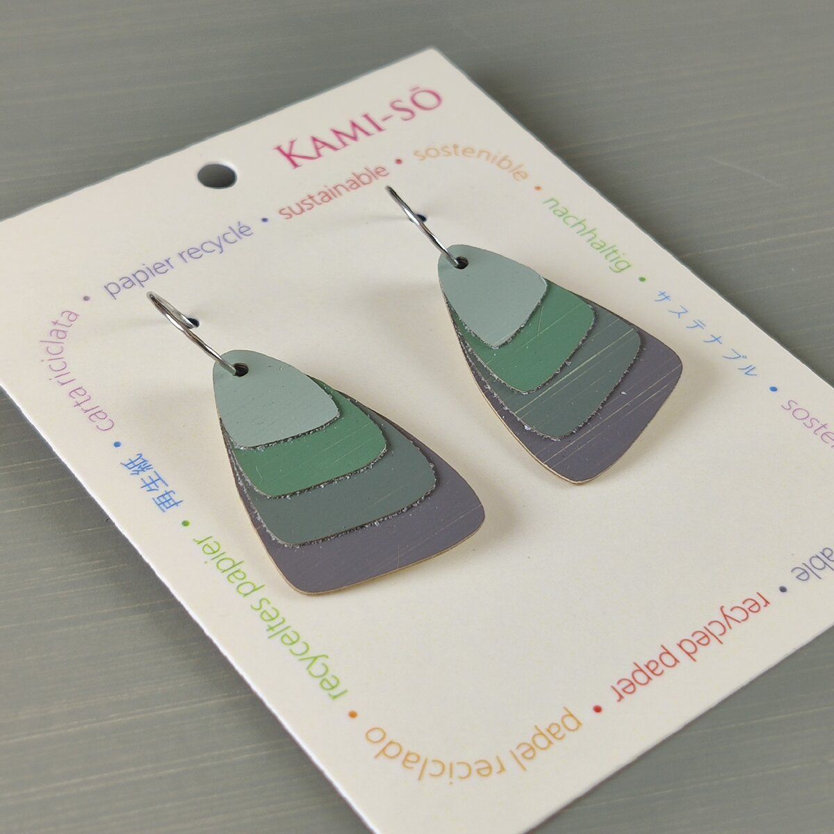 Triangle Layered Recycled Paper Earrings - Green & Grey