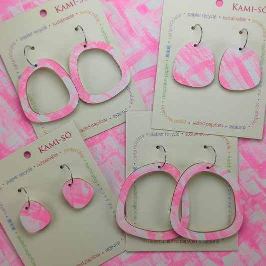 Square Recycled Paper Earrings - Pink & White