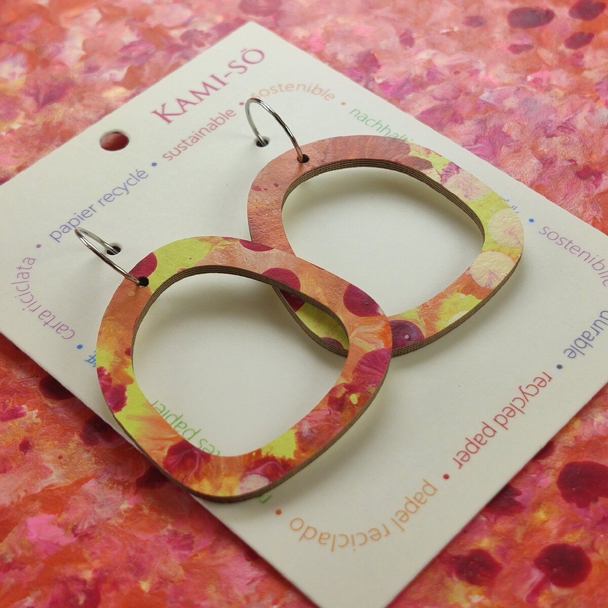 Square Recycled Paper Earrings - Orange, Yellow & Red