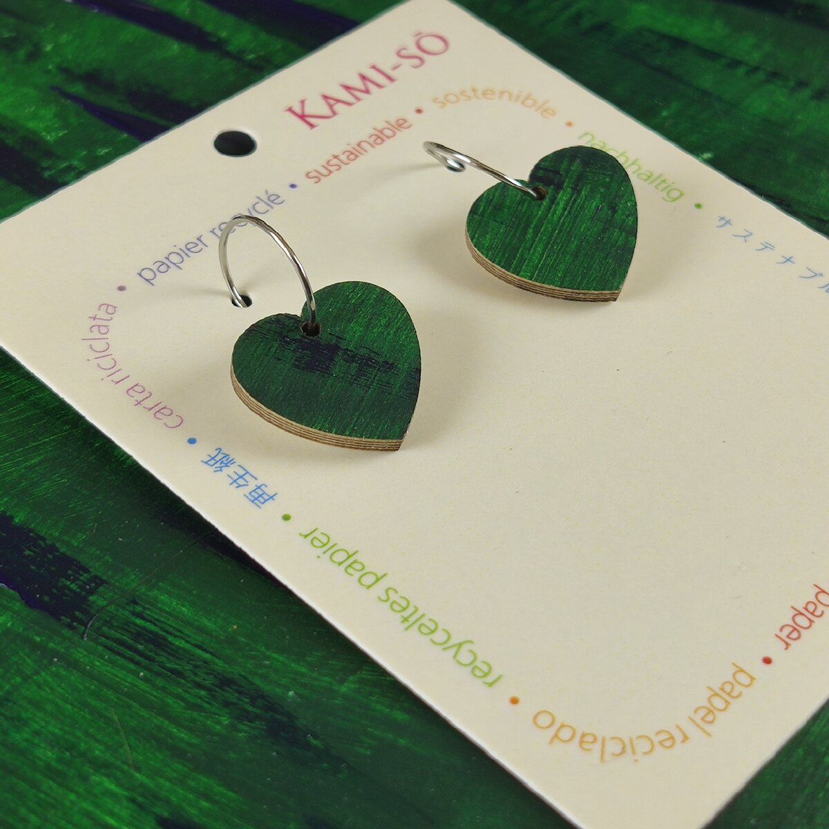 Mini Recycled Paper Earrings - Dark Green and Blue Brushstrokes