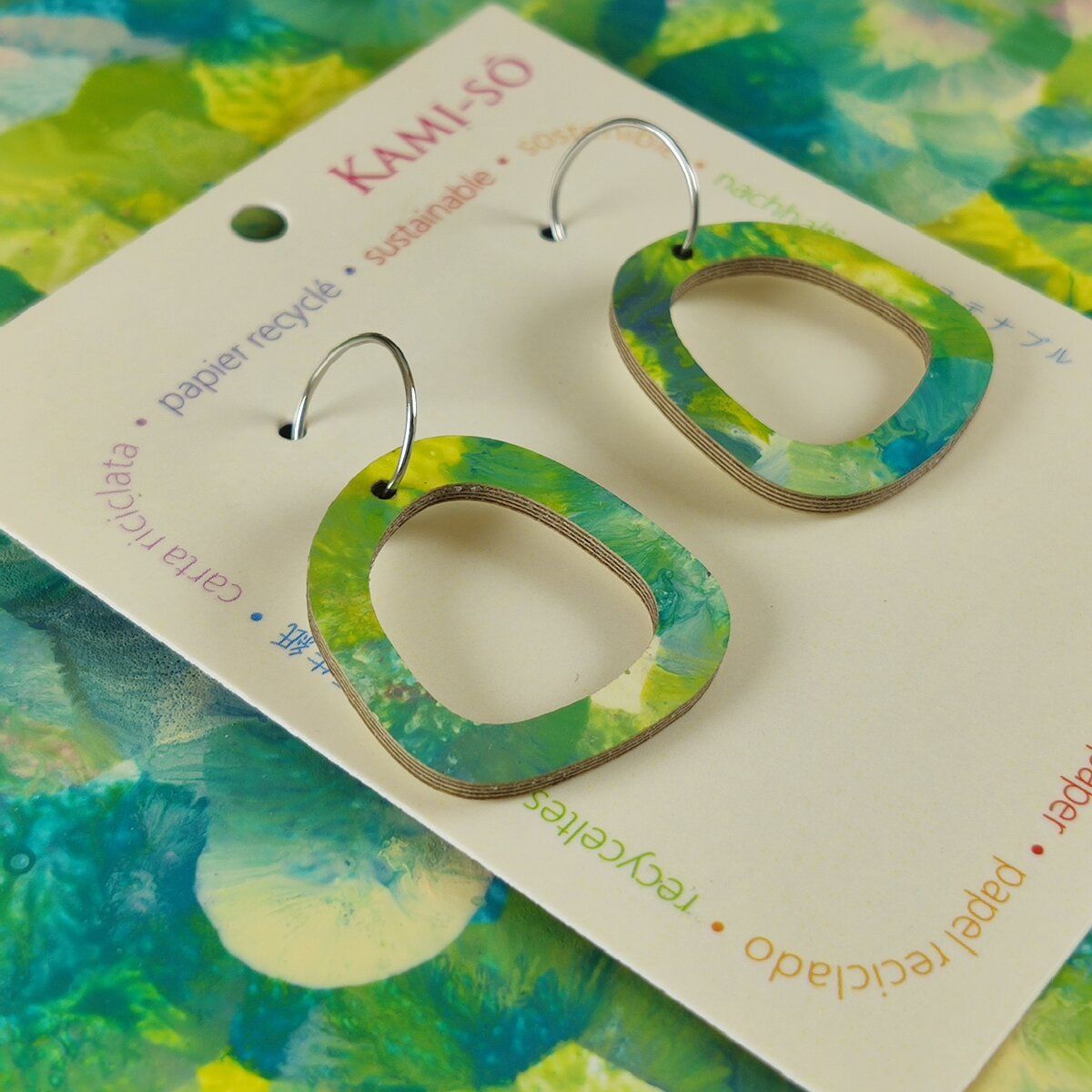 Mini Recycled Paper Earrings - Lime, Blue and Cream