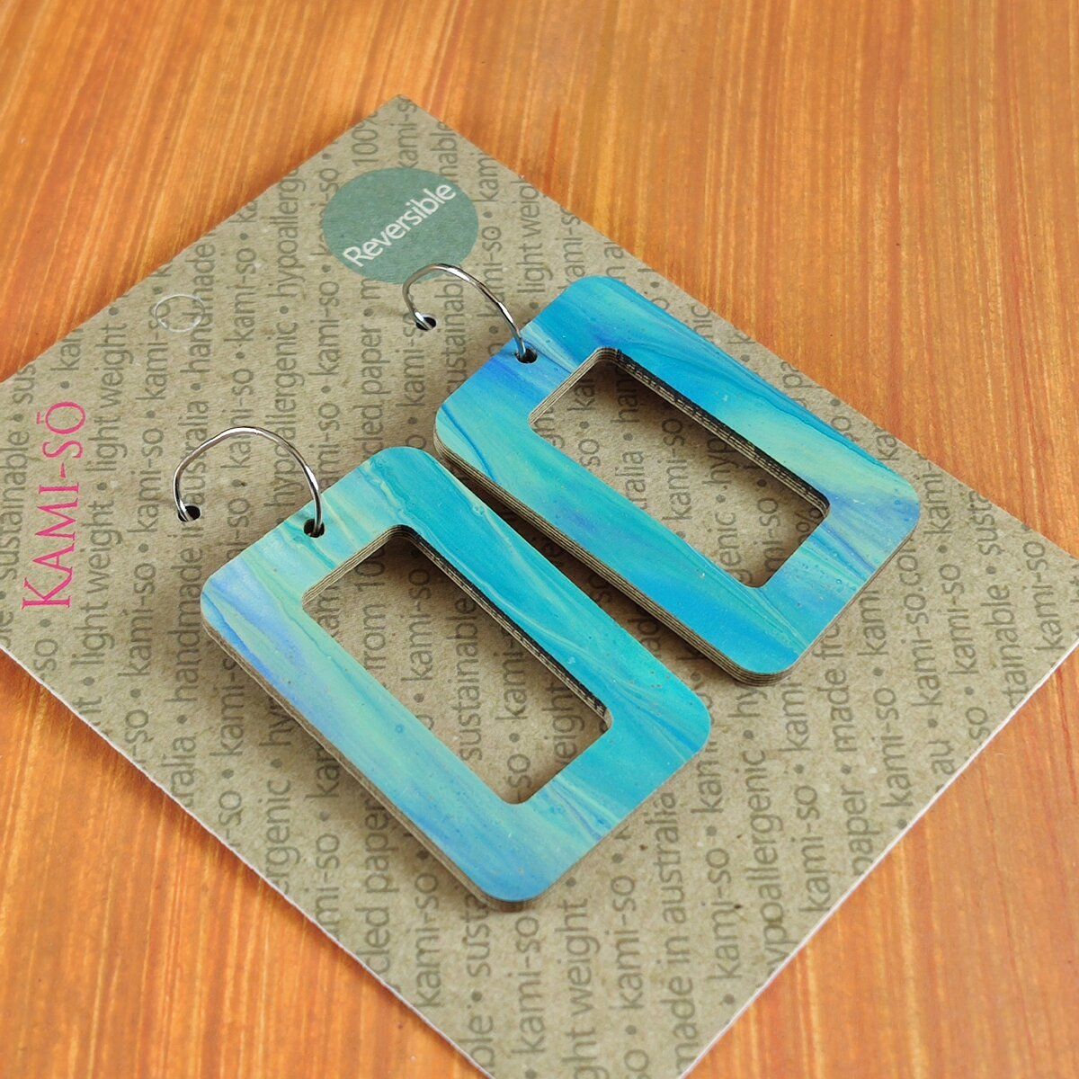 Reversible Rectangle Recycled Paper Earrings - Ocean Blue / Burnt Orange