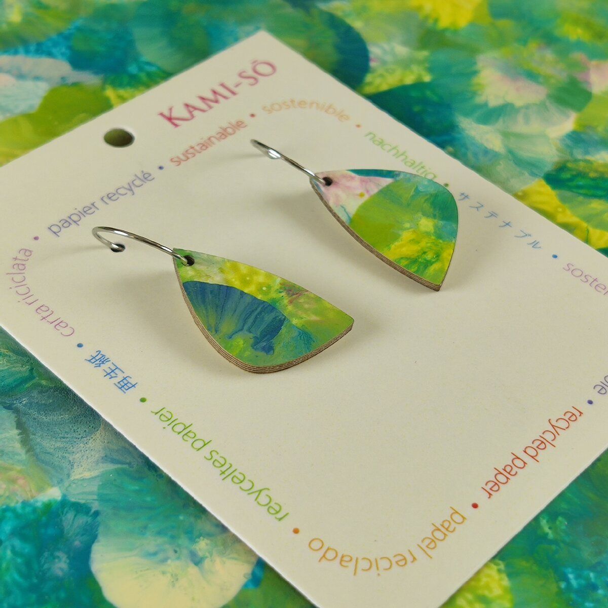 Mini Recycled Paper Earrings - Lime, Blue and Cream