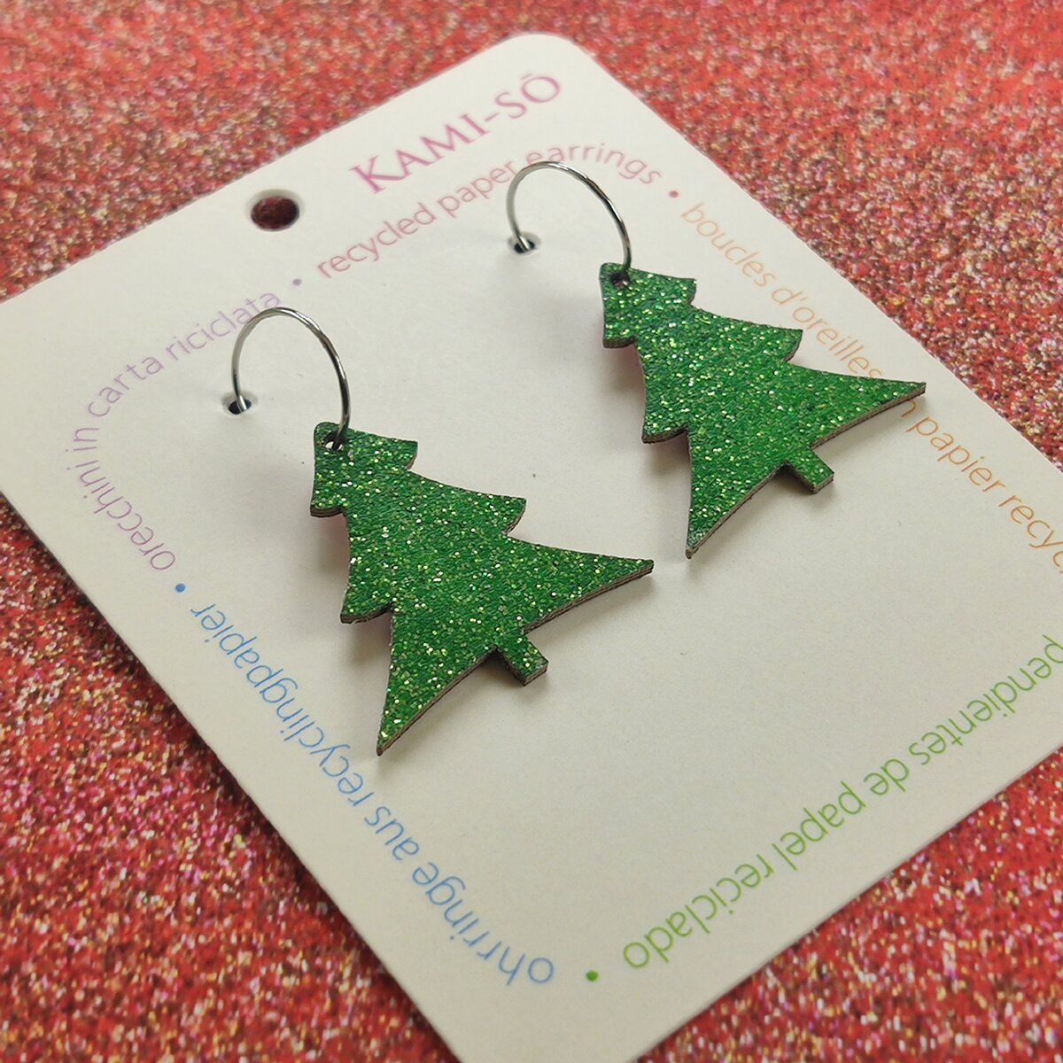 Reversible Christmas Tree Recycled Paper Earrings - Red Sparkle / Green Sparkle