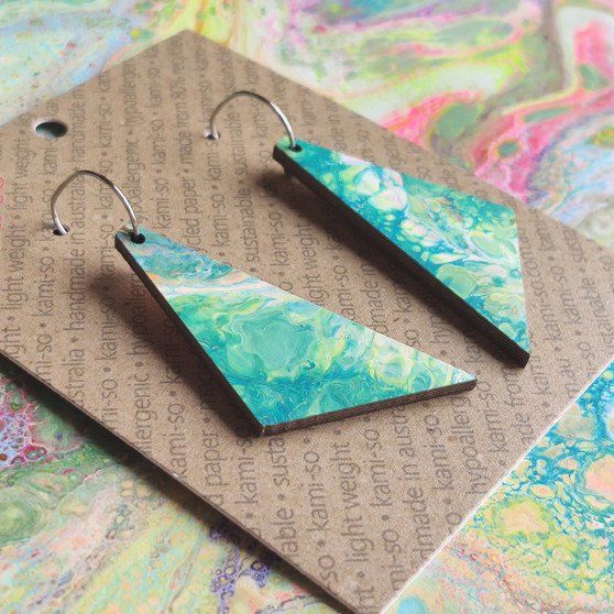 Reversible Triangle Recycled Paper Earrings - Green / Coral