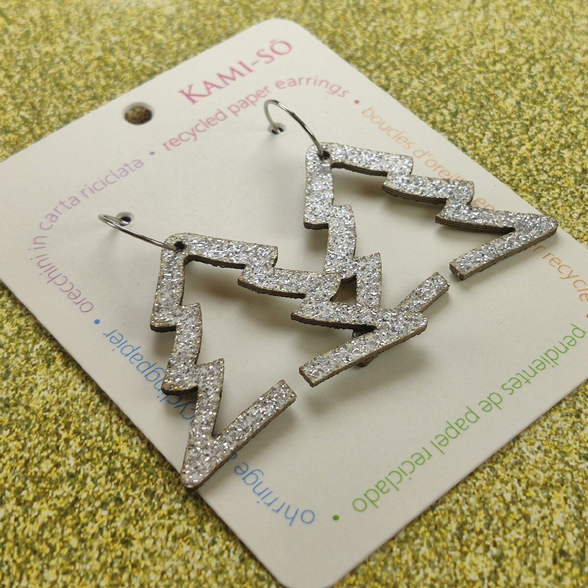 Reversible Christmas Tree Recycled Paper Earrings - Silver Sparkle / Gold Sparkle