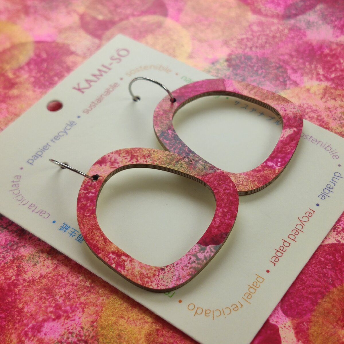 Square Recycled Paper Earrings - Magenta, Pink & Gold