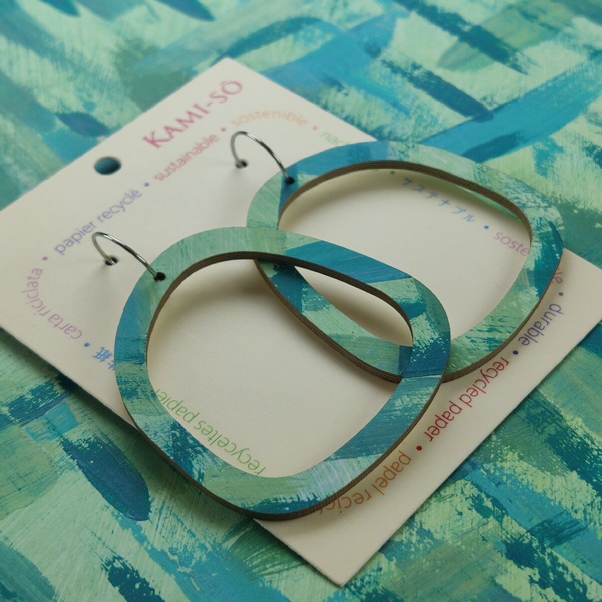Square Recycled Paper Earrings - Green & Blue