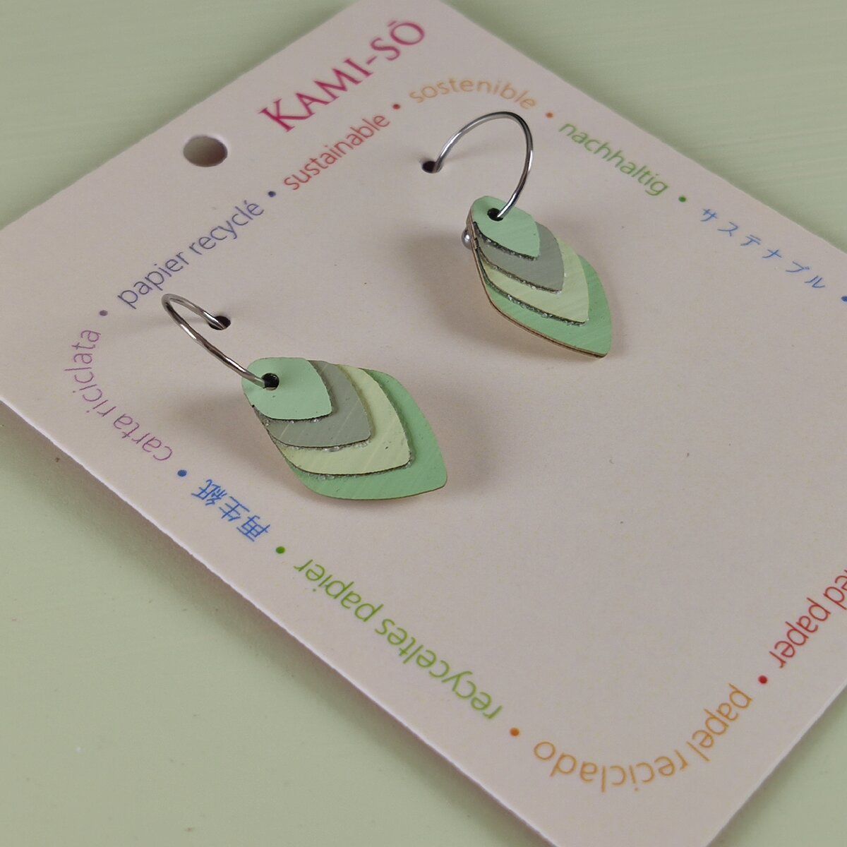 Diamond Layered Recycled Paper Earrings - Pale Green