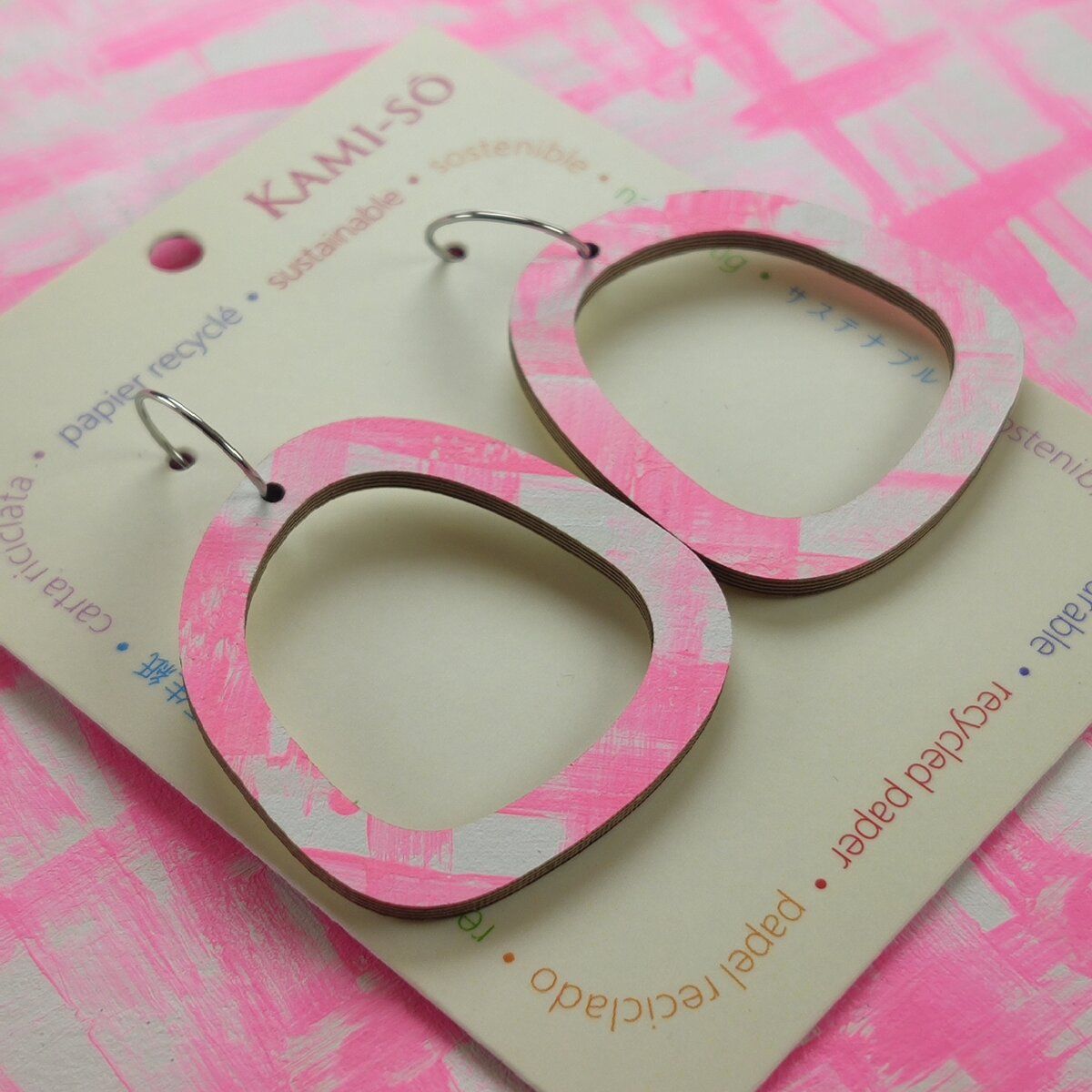 Square Recycled Paper Earrings - Pink & White
