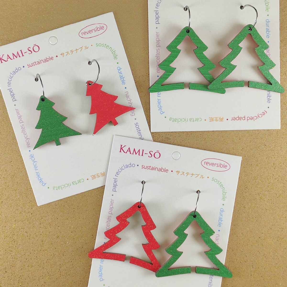 Reversible Christmas Tree Recycled Paper Earrings - Green Sparkle / Red Sparkle