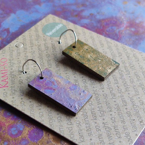 Reversible Rectangle Recycled Paper Earrings - Purple / Gold & Green