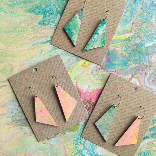 Reversible Triangle Recycled Paper Earrings - Green / Coral