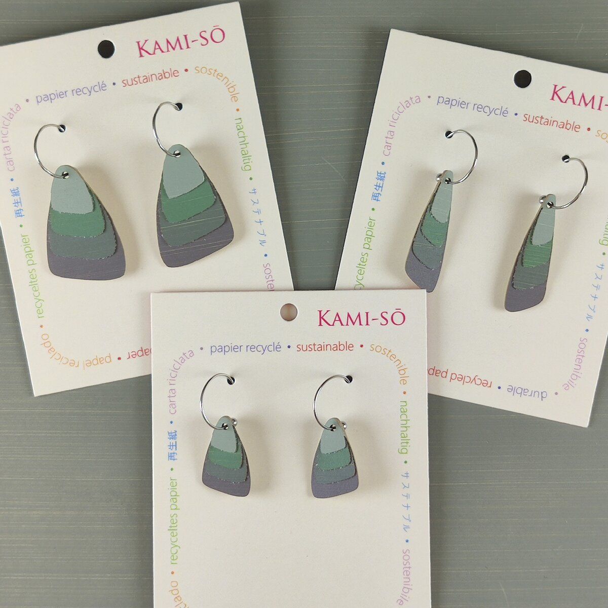 Triangle Layered Recycled Paper Earrings - Green & Grey