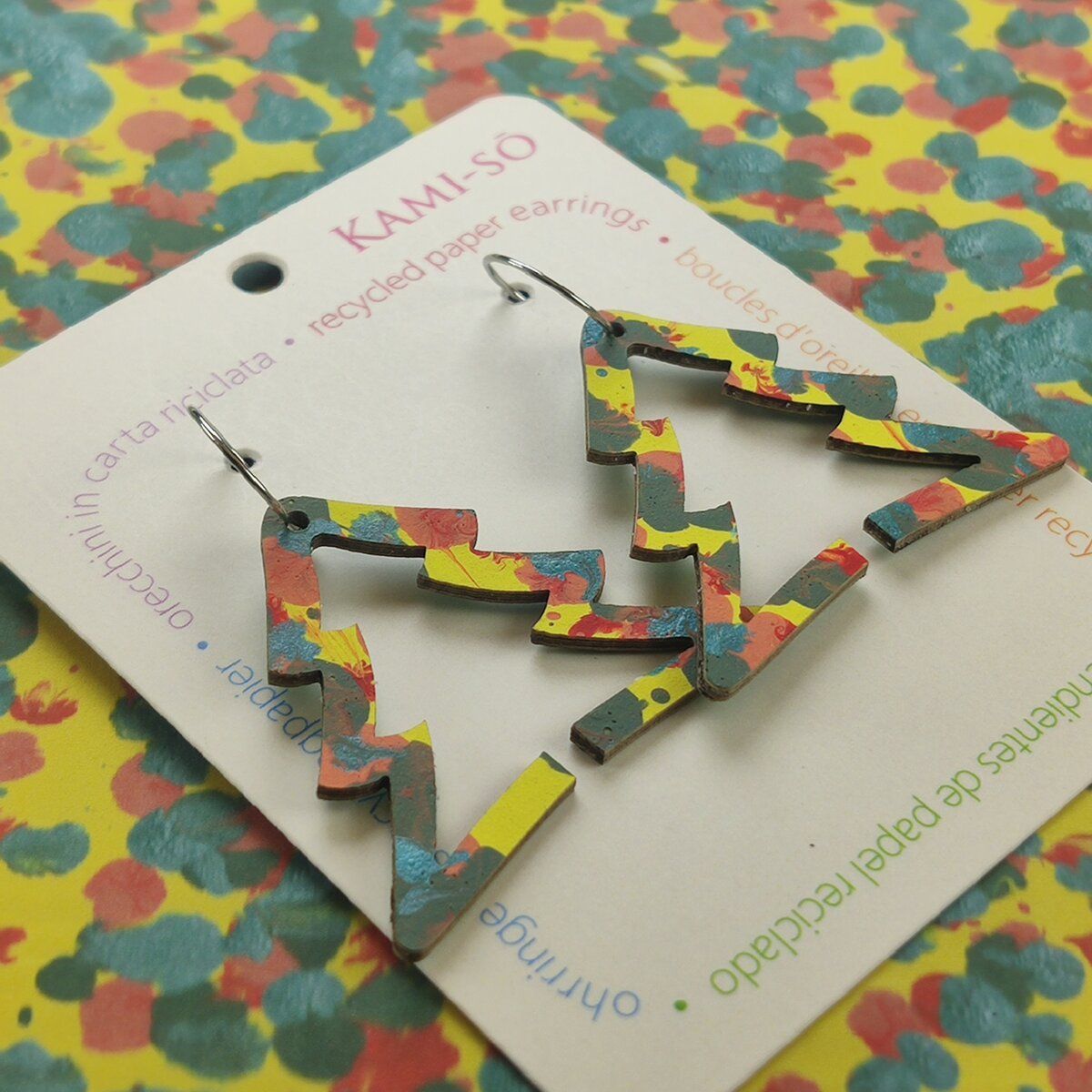 Reversible Christmas Tree Recycled Paper Earrings - Green / Yellow, Blue & Red