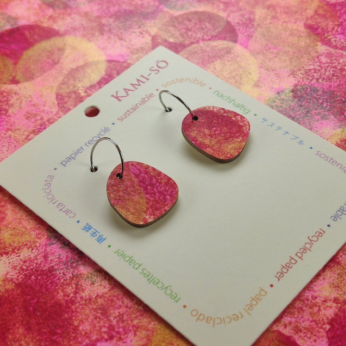 Square Recycled Paper Earrings - Magenta, Pink & Gold
