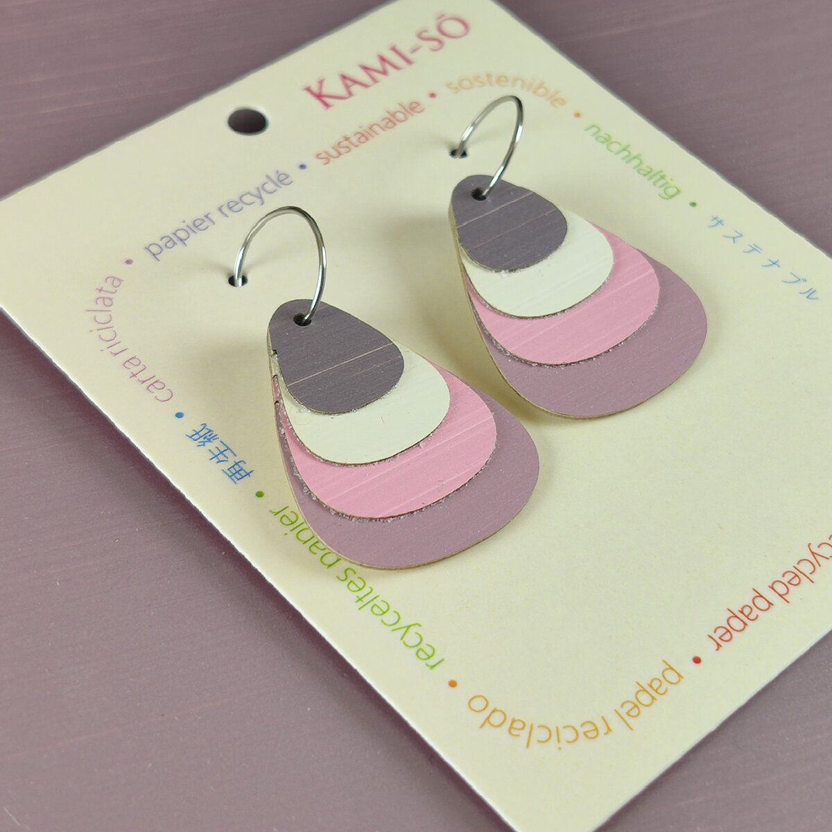 Teardrop Layered Recycled Paper Earrings - Pink & Cream