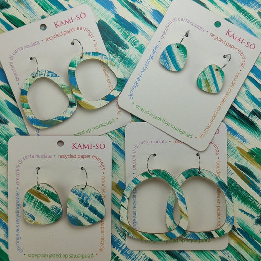 Square Recycled Paper Earrings - Green, Teal & Gold