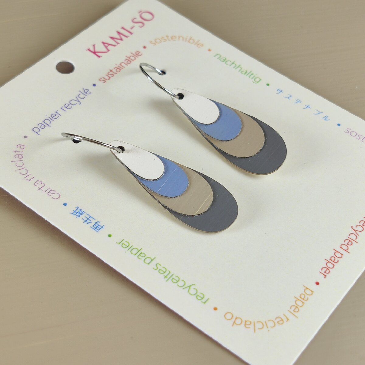 Teardrop Layered Recycled Paper Earrings - Cream, Blue & Grey