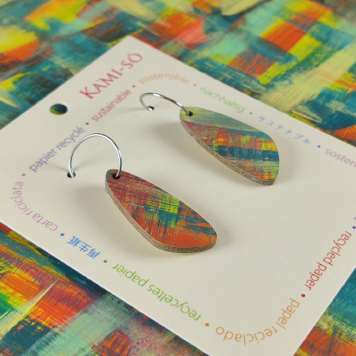 Oval Recycled Paper Earrings - Blue, Cream, Orange & Yellow Brushstrokes