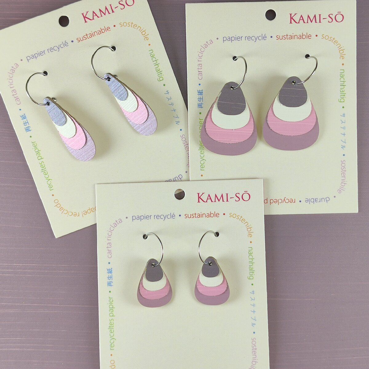 Teardrop Layered Recycled Paper Earrings - Pink & Cream