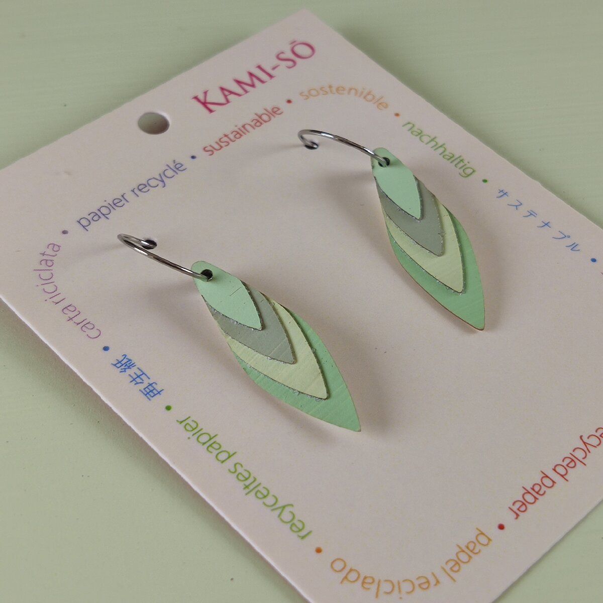 Diamond Layered Recycled Paper Earrings - Pale Green