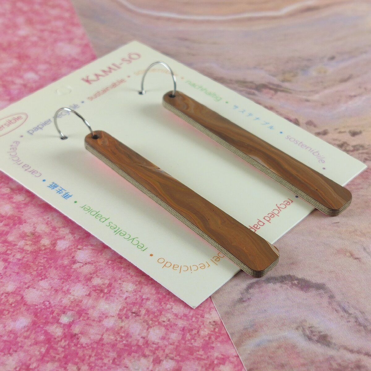 Reversible Paddle Recycled Paper Earrings - Dark Brown / Pink Speckle