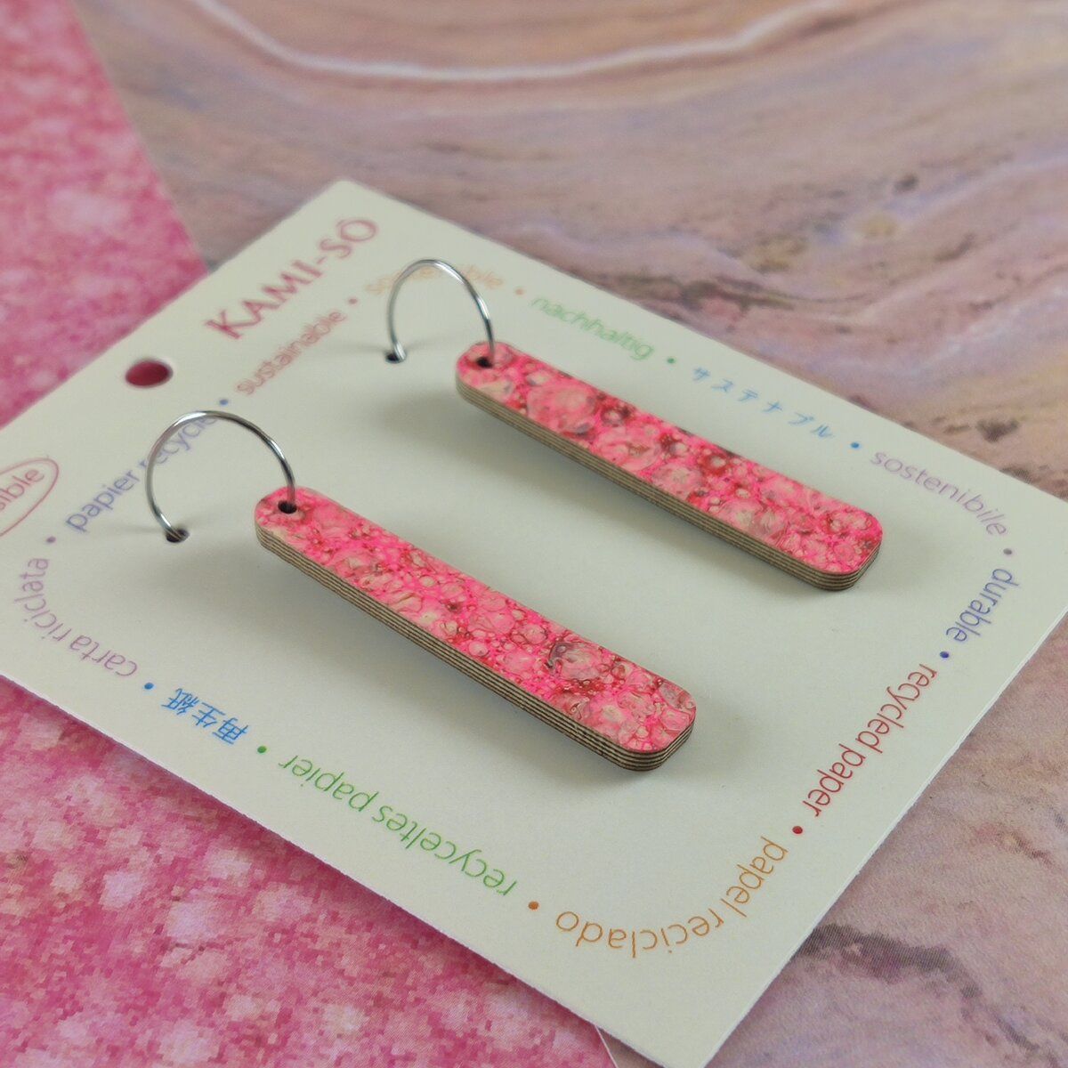 Reversible Paddle Recycled Paper Earrings - Dark Brown / Pink Speckle