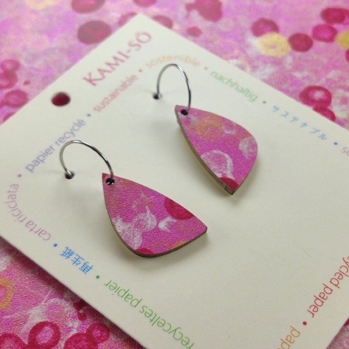 Mini Recycled Paper Earrings - Pink, Gold & White