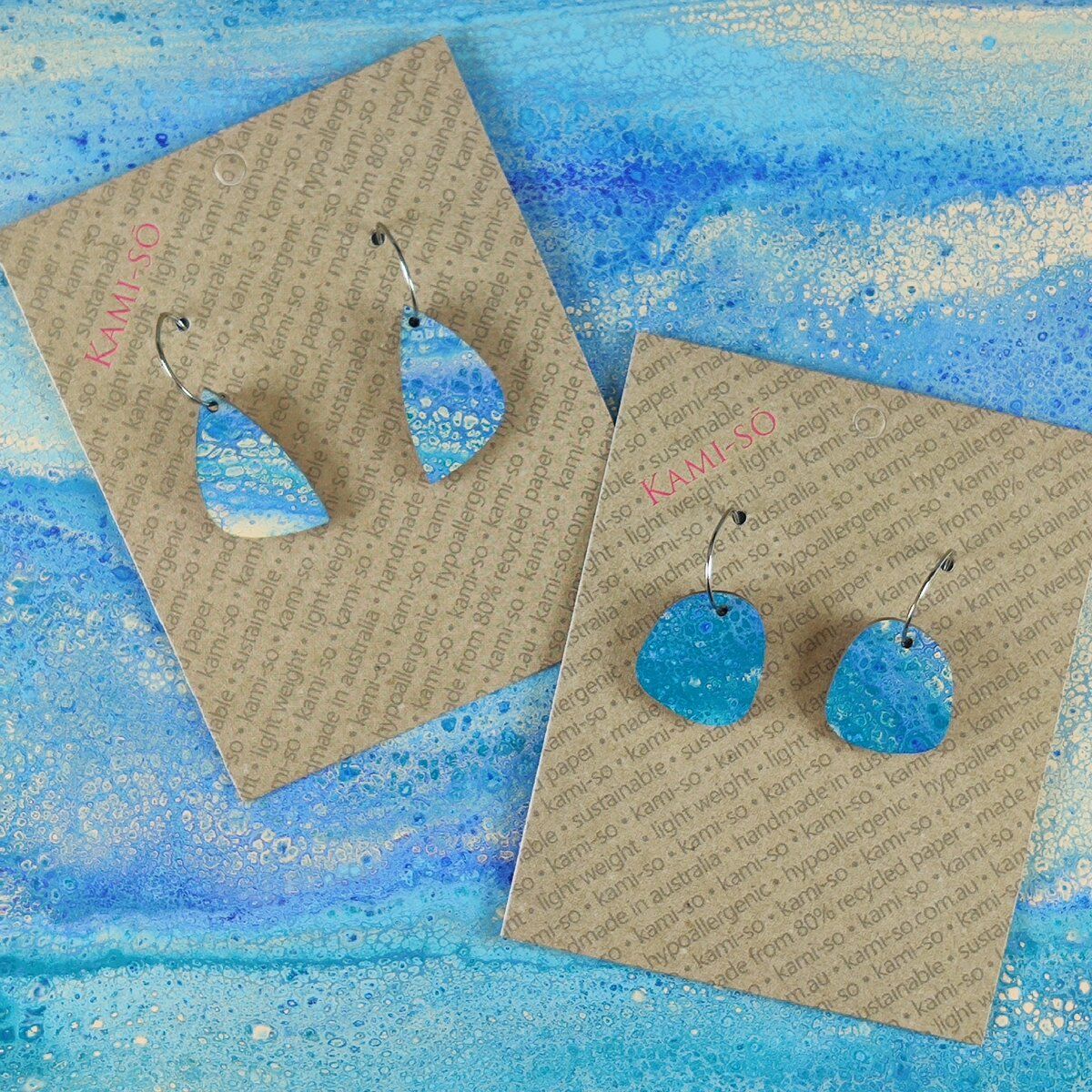 Mini Recycled Paper Earrings - Ocean Blues Crackle