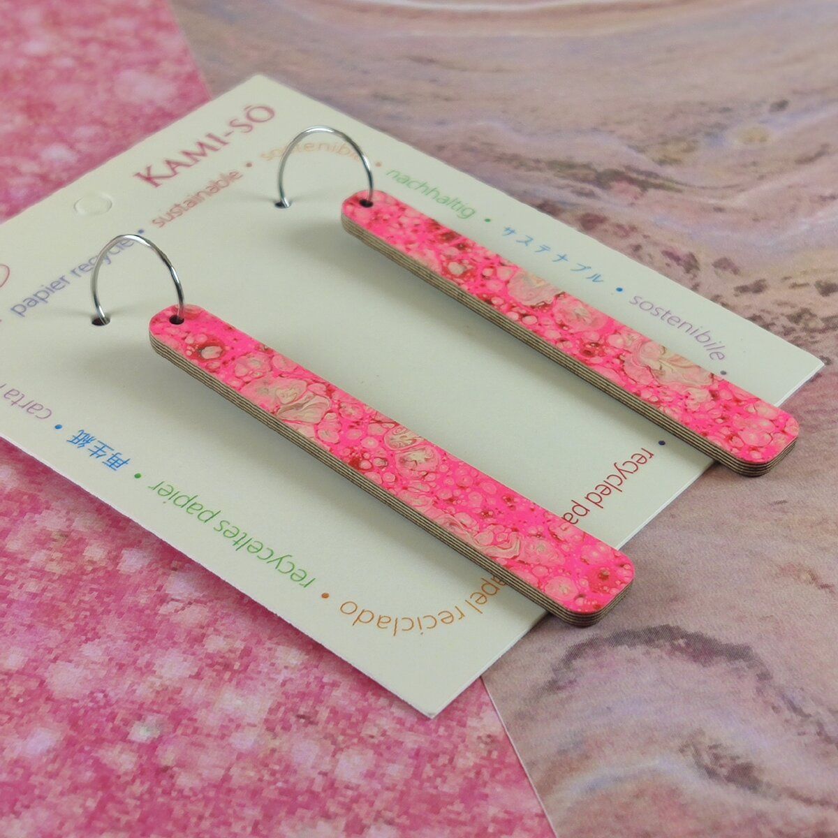 Reversible Paddle Recycled Paper Earrings - Dark Brown / Pink Speckle