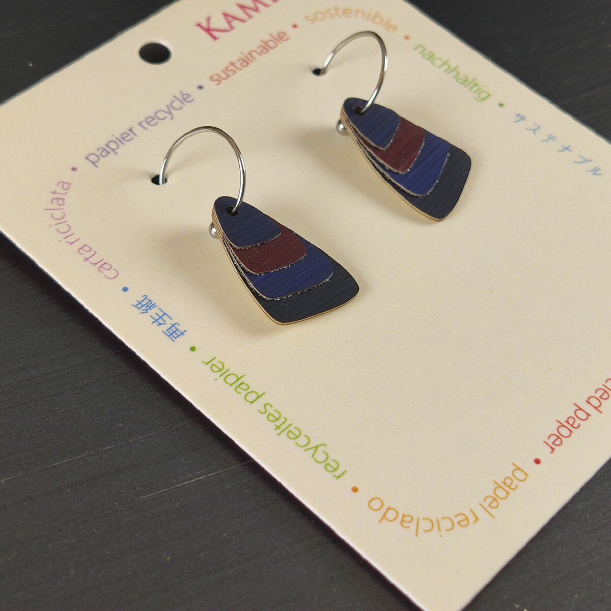 Triangle Layered Recycled Paper Earrings - Navy & Burgundy