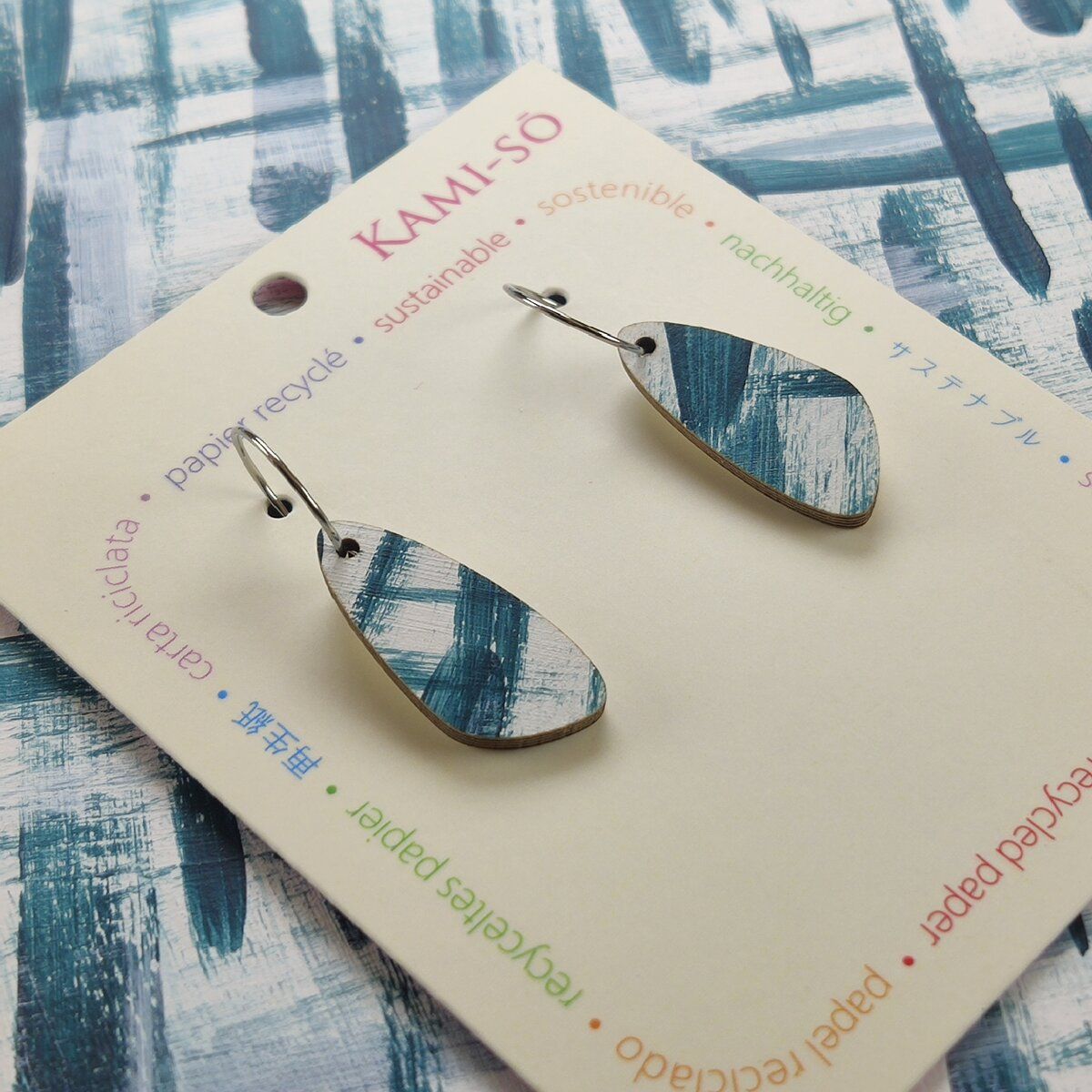 Oval Recycled Paper Earrings - Blue & White