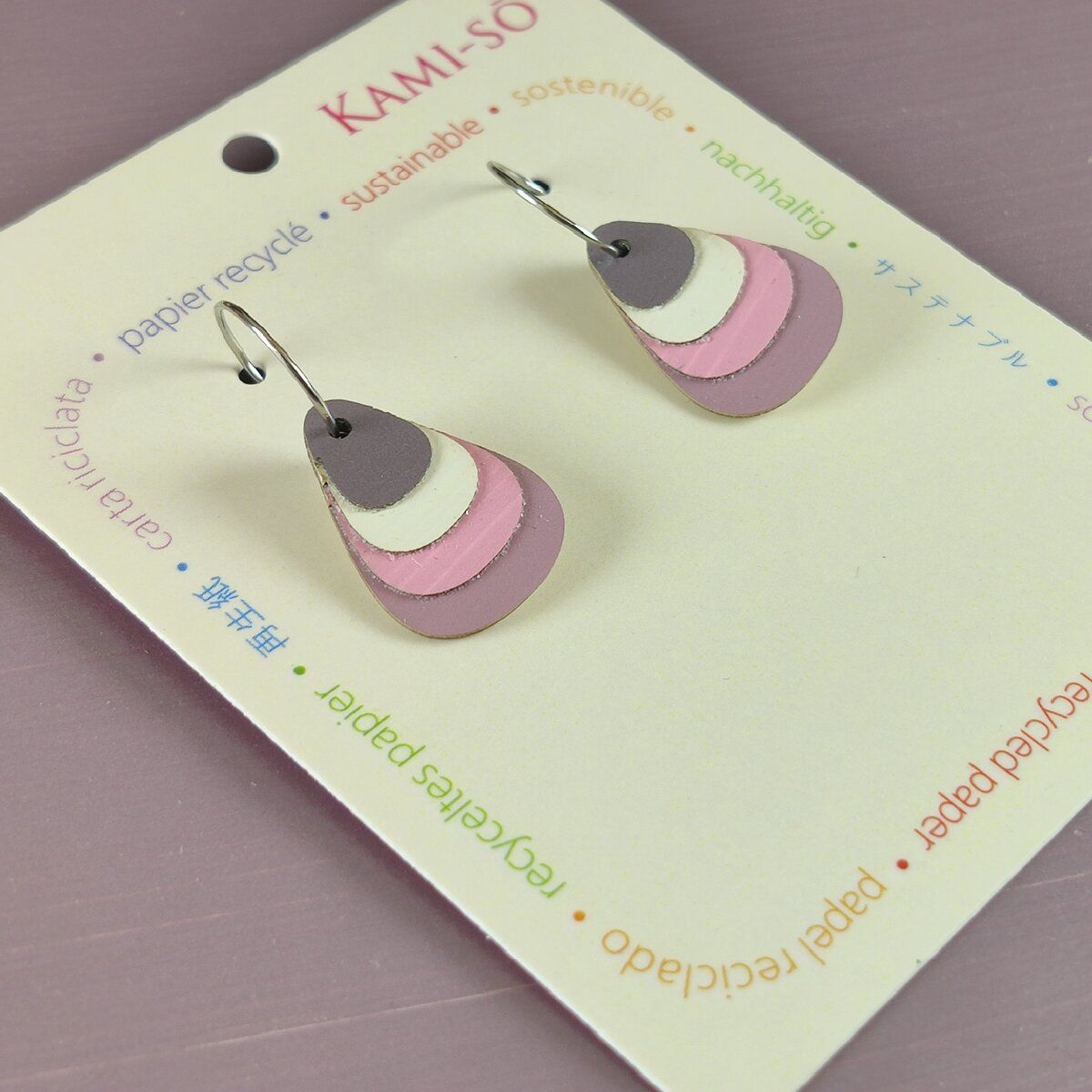 Teardrop Layered Recycled Paper Earrings - Pink & Cream