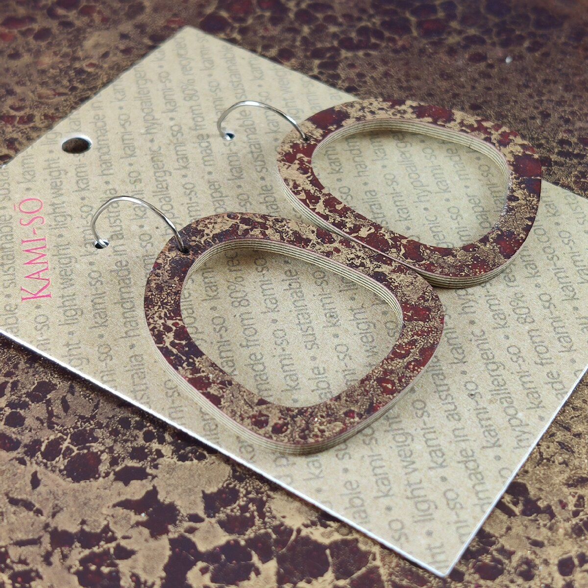 Square Recycled Paper Earrings - Burgundy & Gold Crackle