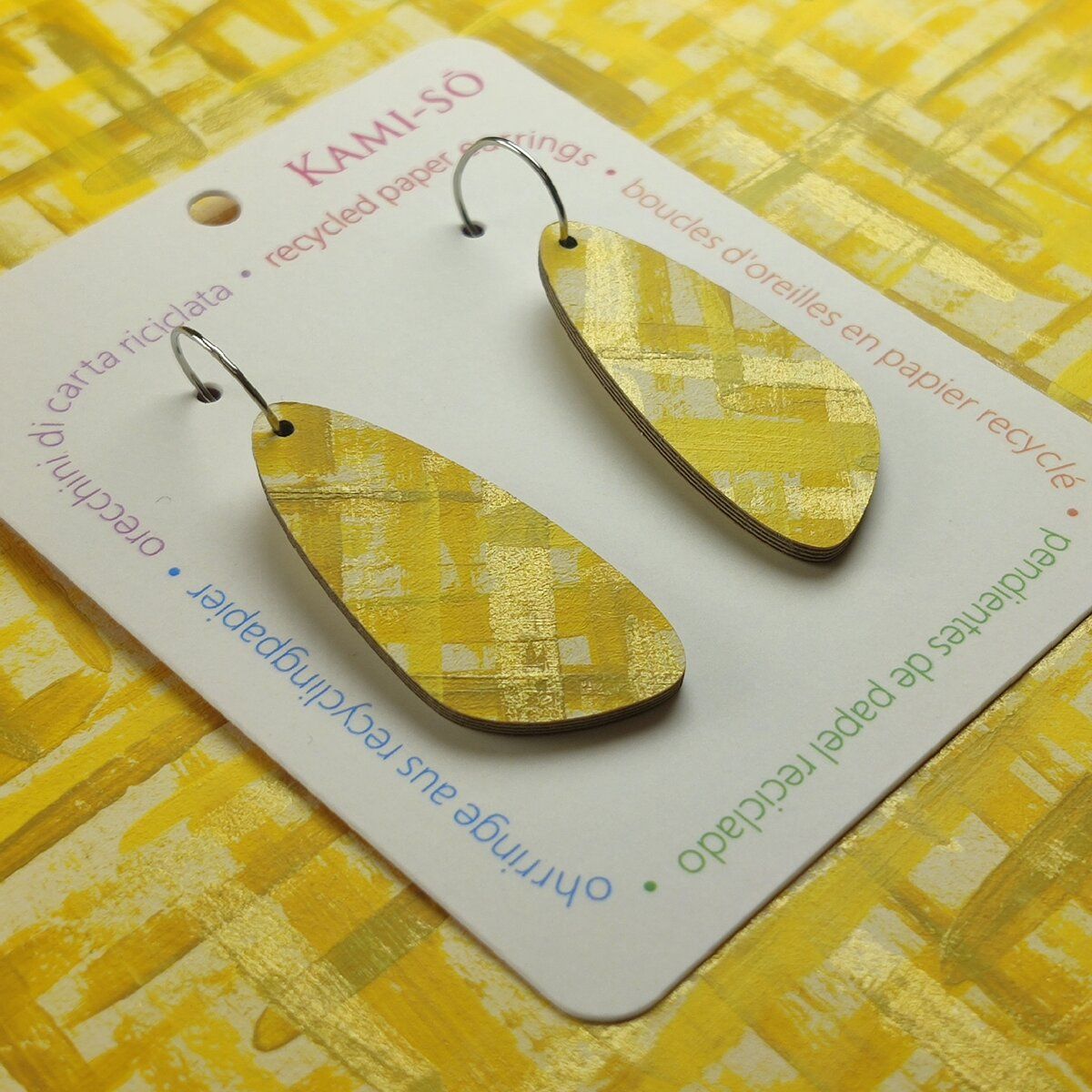 Oval Recycled Paper Earrings - Mustard & Yellow