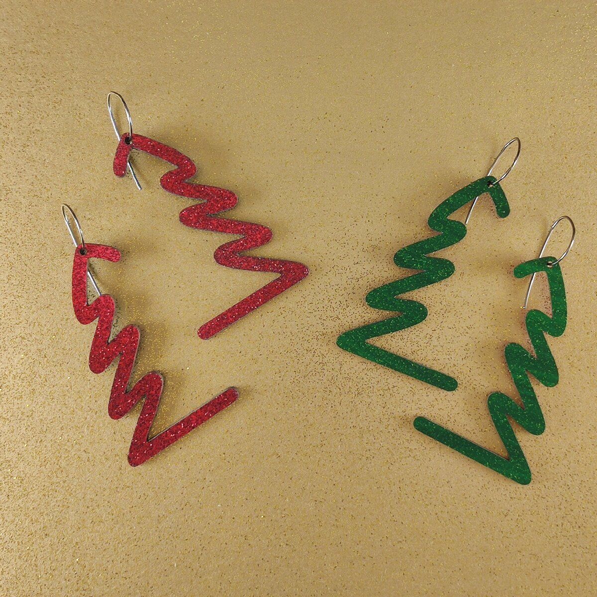 Reversible Christmas Tree Recycled Paper Earrings - Green Sparkle / Red Sparkle