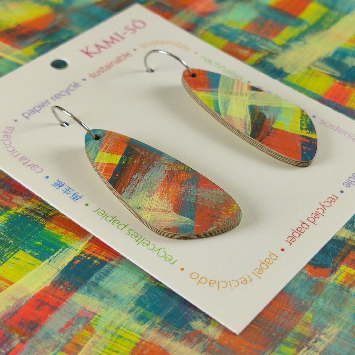 Oval Recycled Paper Earrings - Blue, Cream, Orange & Yellow Brushstrokes