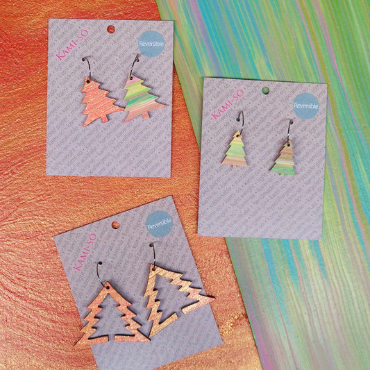 Reversible Christmas Tree Recycled Paper Earrings - Red & Gold / Pastel Stripes